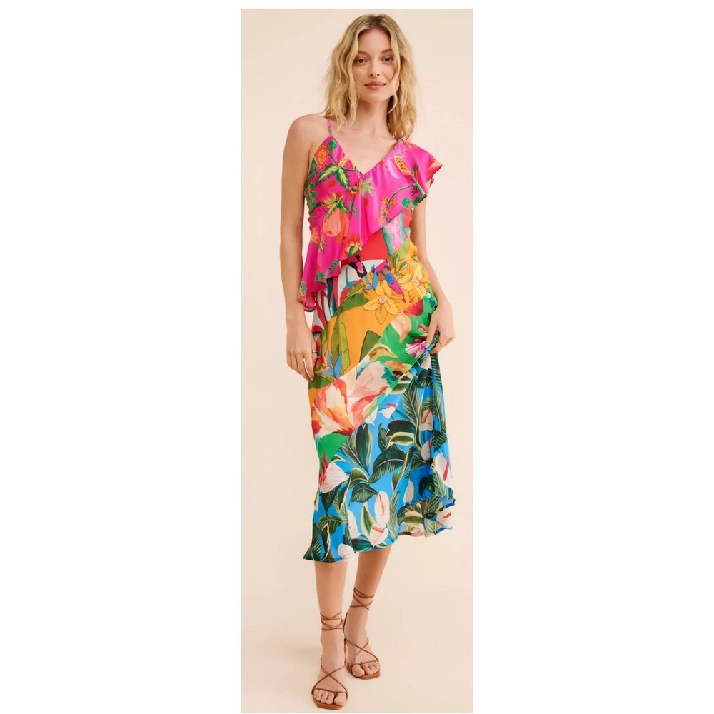 Farm Rio Midi Dress Sm Tropical Ruffle Asymmetric Boho Botanical Anthropologie